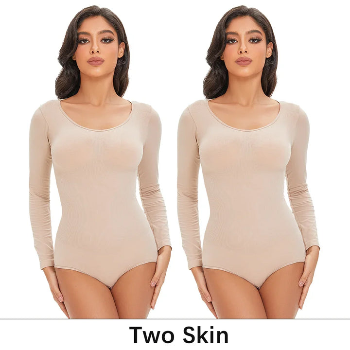 POKARLA Spandex Elastic Body Suit Shapewear Women Body Shaper Tummy Control Long Sleeve Open Crotch Round Neck Seamless Shapers