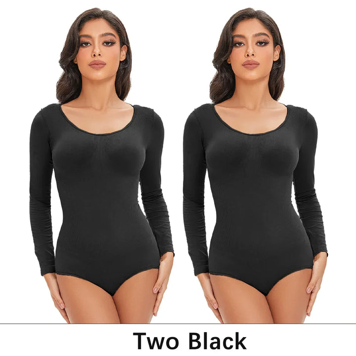 POKARLA Spandex Elastic Body Suit Shapewear Women Body Shaper Tummy Control Long Sleeve Open Crotch Round Neck Seamless Shapers
