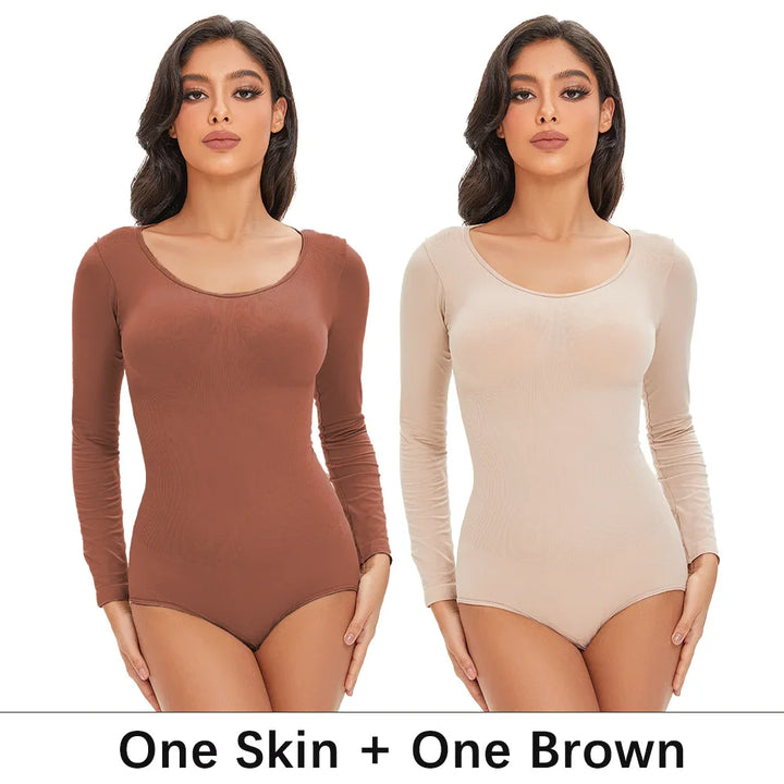 POKARLA Spandex Elastic Body Suit Shapewear Women Body Shaper Tummy Control Long Sleeve Open Crotch Round Neck Seamless Shapers