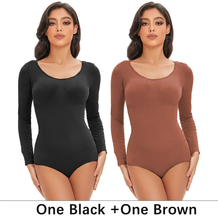 POKARLA Spandex Elastic Body Suit Shapewear Women Body Shaper Tummy Control Long Sleeve Open Crotch Round Neck Seamless Shapers