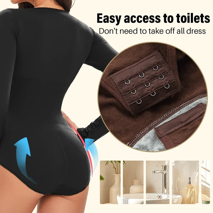 POKARLA Spandex Elastic Body Suit Shapewear Women Body Shaper Tummy Control Long Sleeve Open Crotch Round Neck Seamless Shapers