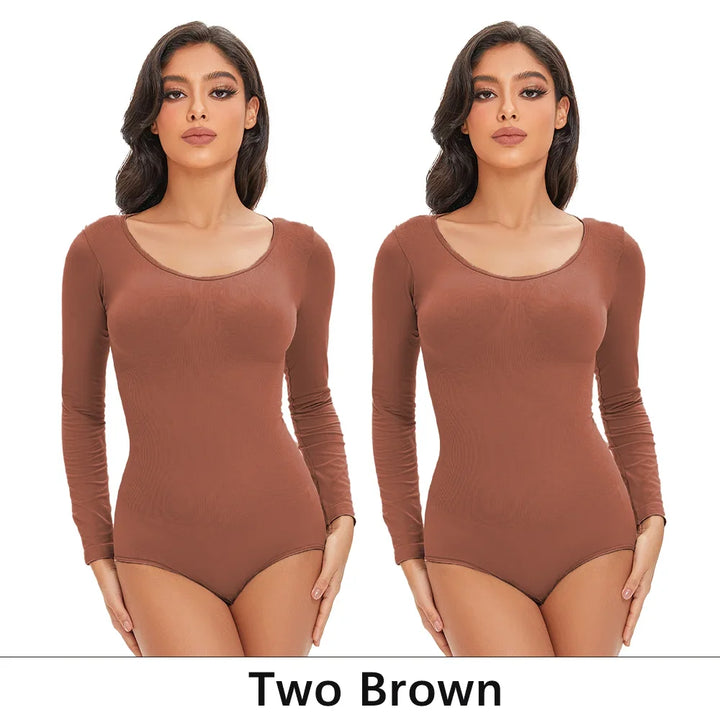 POKARLA Spandex Elastic Body Suit Shapewear Women Body Shaper Tummy Control Long Sleeve Open Crotch Round Neck Seamless Shapers
